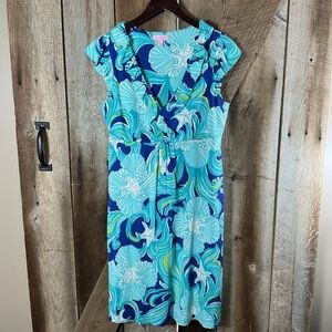 Lily Pulitzer Clare Dress Silk Jersey-Do the Wave In True Blue Size M